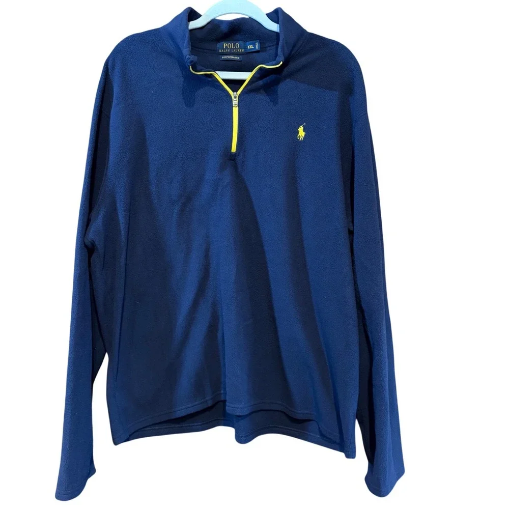 Polo Ralph Lauren Performance Mens XXL Navy Blue‎ Yellow 1/4 Zip Fleece Pullover